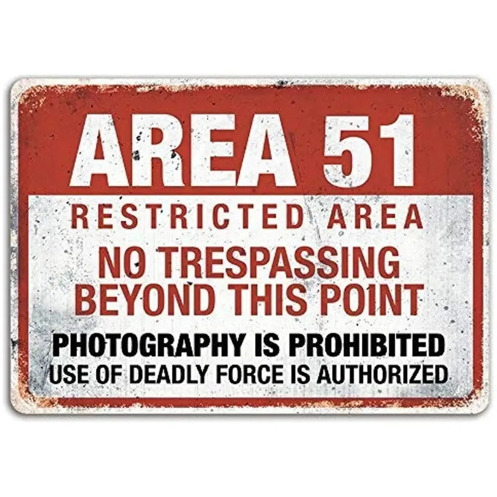 Area51AlienWarningSign Area 51 Metallschild mit eingeschränktem Bereich 8x12" – „No Trespassing“ Verschwörungstheorie Alien Wall Plaque Image