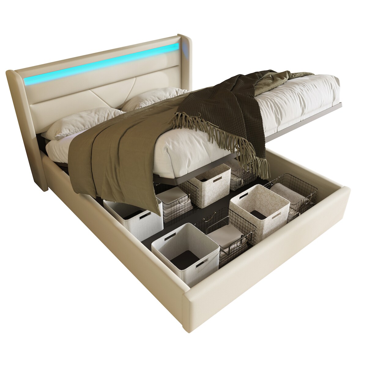 OKWISH Hydraulisches Polsterbett mit LED-Beleuchtung, Fernbedienung, großem Stauraum, modernes Funktionsbett, PU-Material 160 × 200, Weiß Image