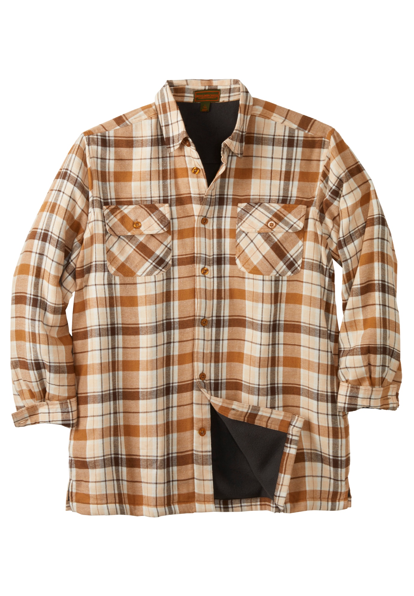 Men's Big & Tall Fleece-Lined Flannel Shirt Jacket by Boulder Creek in Khaki Plaid (Size 2XL)