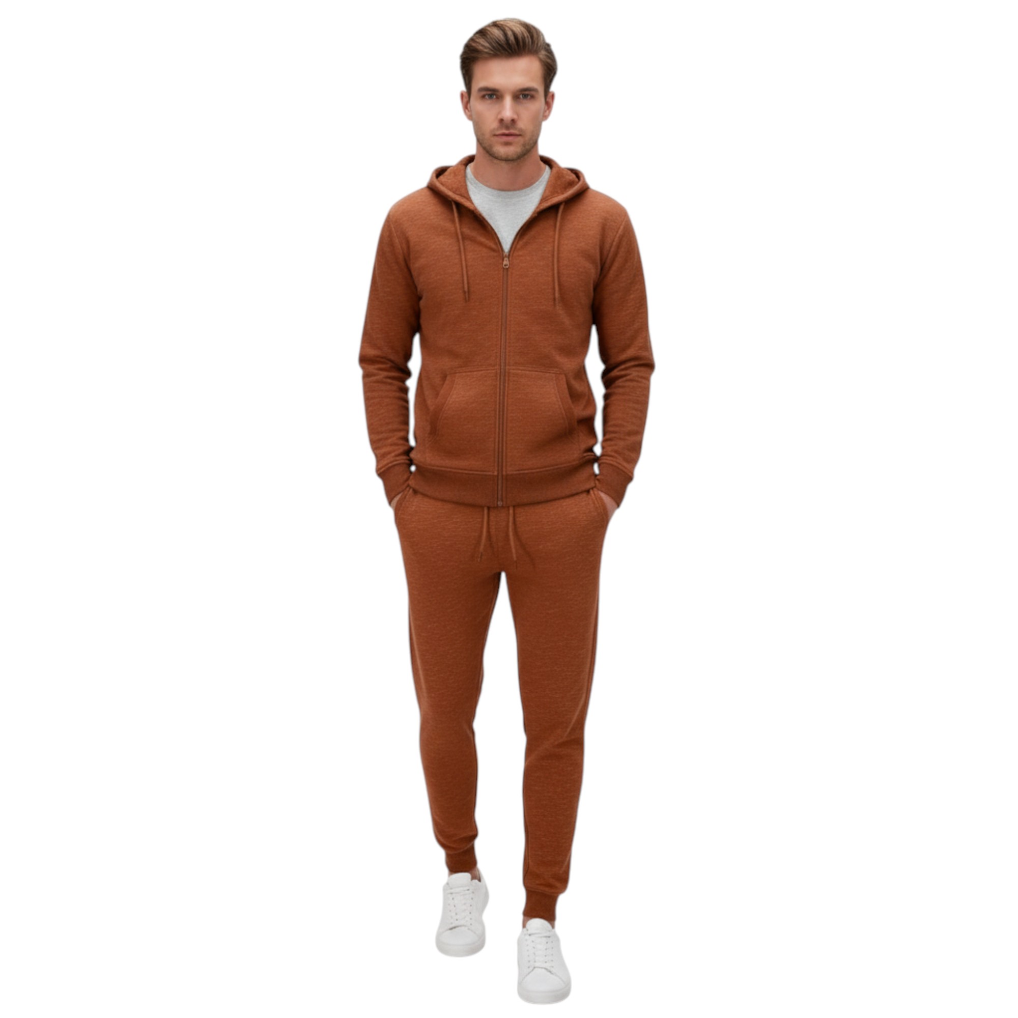 Other Mens Fleece Tracksuit Set Full Zip Hoodie Top Winter Joggers Gym Jogging Bottoms - Orange Cotton - Size X-large