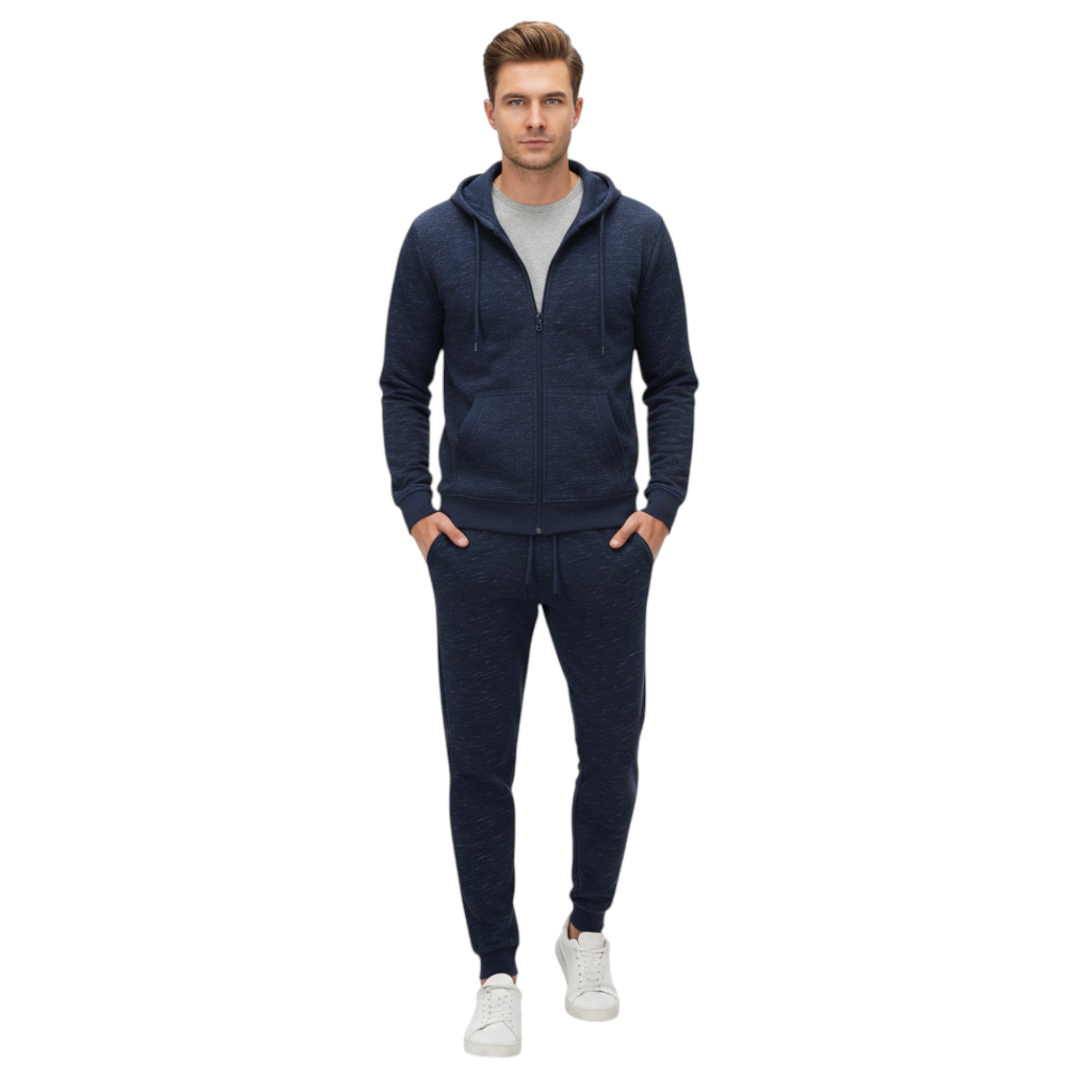 Other Mens Fleece Tracksuit Set Full Zip Hoodie Top Winter Joggers Gym Jogging Bottoms - Navy Cotton - Size Small