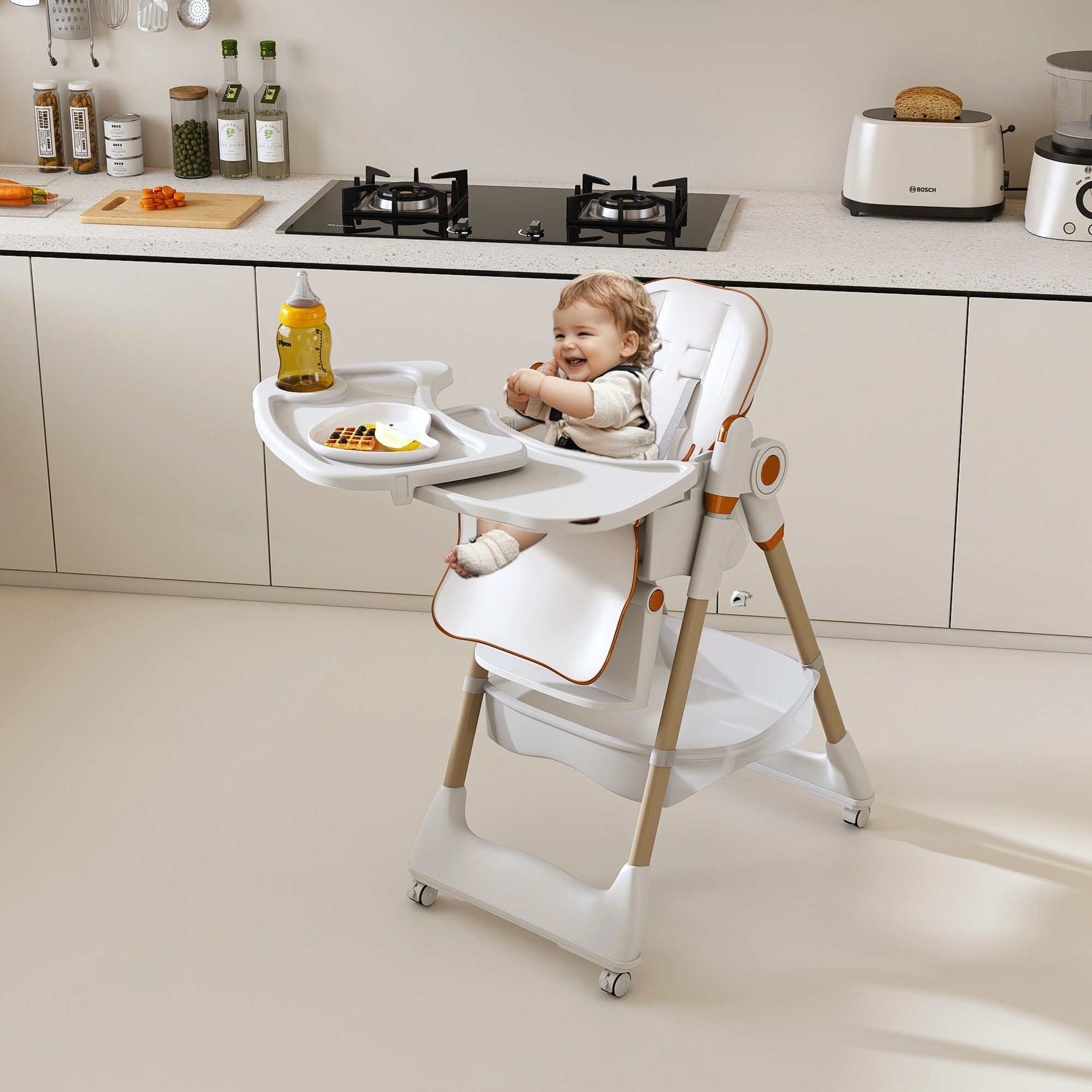 Adjustable Baby High Chair with Safety Belt and Silent Lockable Wheels for Home and Travel