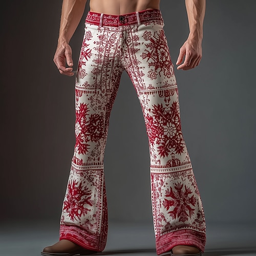 Noël Homme Motif de flocon de neige Costume de Noël Pantalon Disco Pantalons pattes d'éléphant des années 60 et 70 Taille Moyenne Western Vintage Rétro Extérieur Fête Poches Latérales Pantalon