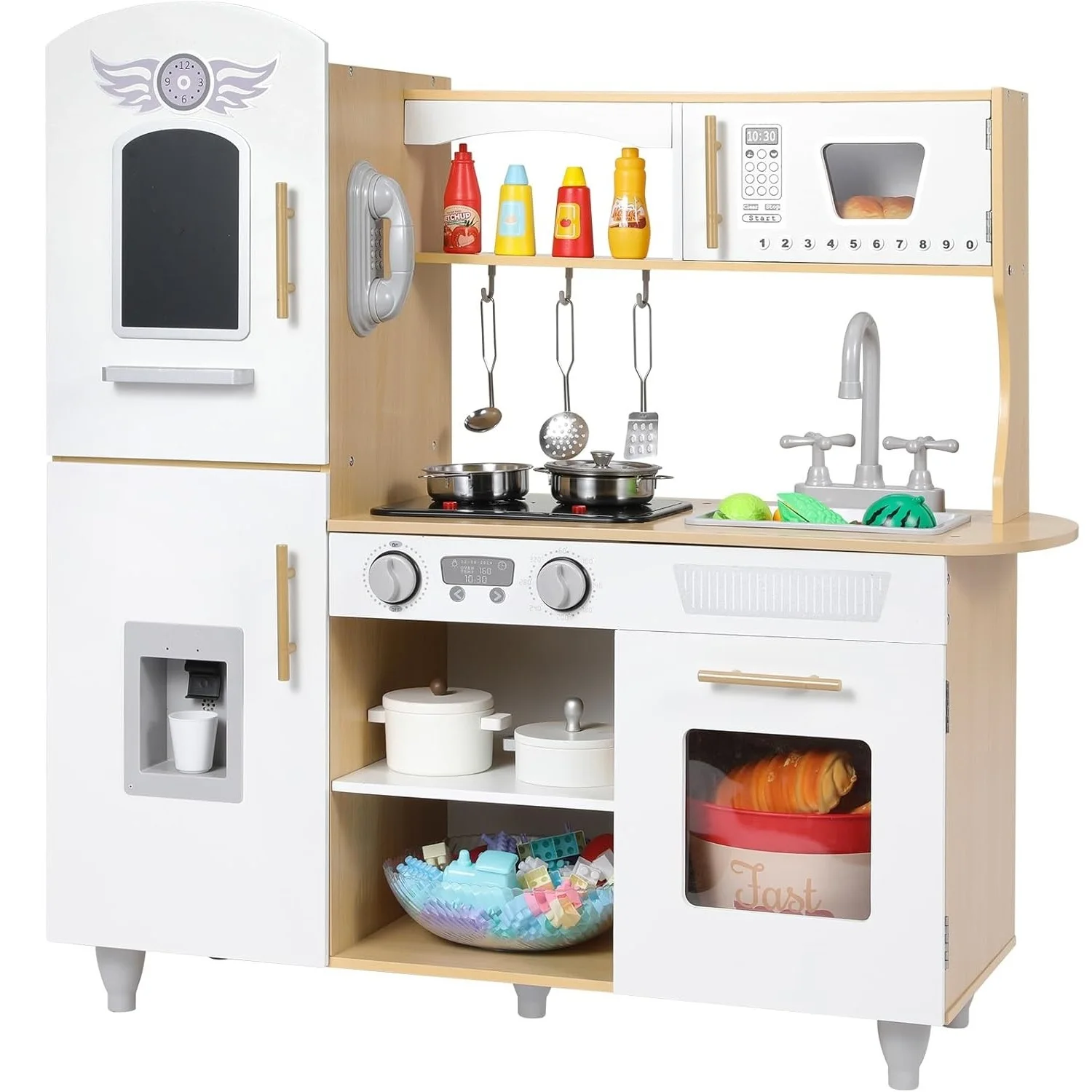 Ensemble de cuisine de jeu pour tout-petits, ensemble de jeu de cuisine jouet en bois avec de vraies lumières et sons, réfrigérateur à Double porte, machine à glaçons et ustensiles de cuisine