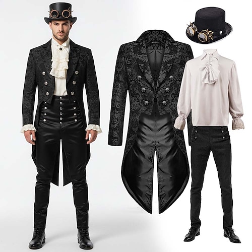 Set mit Steampunk-Frack Hohe Taillenhose Zylinder mit Brille Retro Mittelalterlicher Mantel Jacke Oberbekleidung Gerade Bein Hosen Outfits Männer Ebenezer Scrooge Elf Kostüm Maskerade Weihnachtsfeier Image