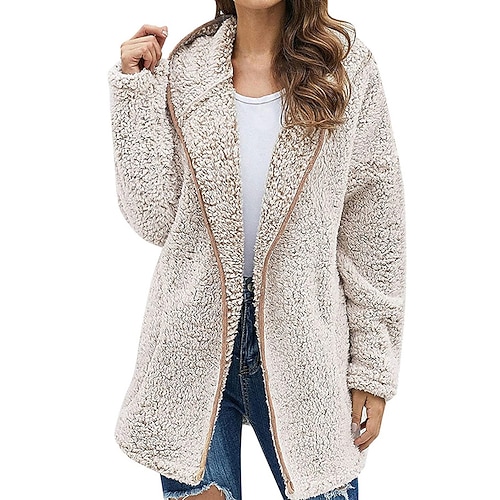 Damen Teddymantel Kapuzenjacke Warm Bequem Reißverschluss Lässig Einfach Urlaub Straße Ausgehen Wochenende Regulär Kapuzenpullover Lässiger Schnitt Langarm Oberbekleidung Schwarz Hellgrün Rosa Herbst Image