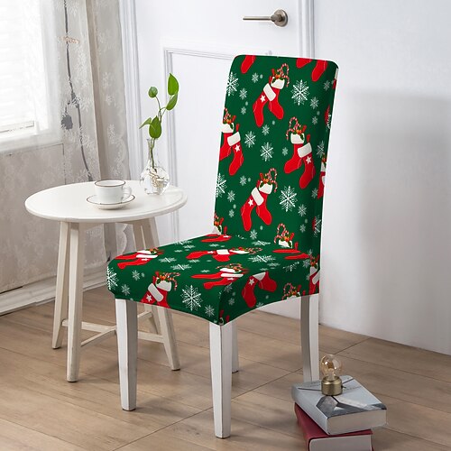 Weihnachts-Esszimmerstuhlbezug, geometrisch bedruckter Polyester-Schonbezug, elastischer, rutschfester Stuhlschutz für Zuhause oder Party Image