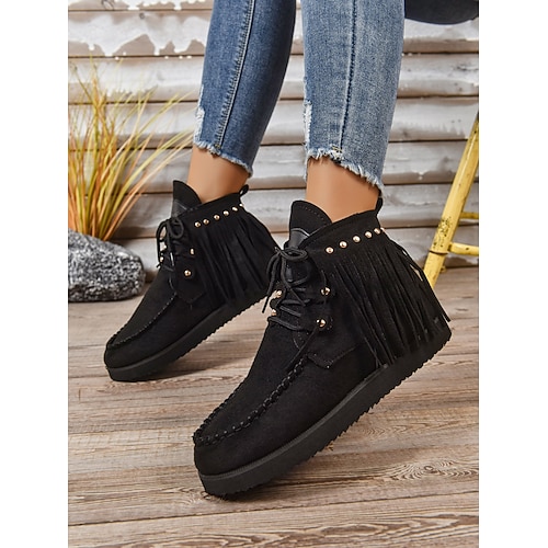 Damen Stiefel Schneestiefel Täglich Quaste Flacher Absatz Runde Zehe Lässig Wildleder Reißverschluss Schwarz Blau