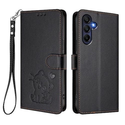 Handy Hülle Handyhüllen Für Samsung Galaxy S26 Ultra Plus S25 S24 S23 S24 FE S22 Plus Ultra S23 FE A56 A36 A26 Brieftaschenhülle Vollschutz mit Trageriemen Stoßfest Katze Retro TPU PU-Leder Image