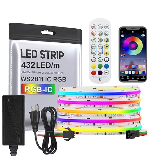 RGB Smart IC COB LED-Lichtstreifen, adressierbar, 5 m, 12 V, farbiges, fließendes Lichtband, mehrfarbig, flexibles Lichtband mit App-Steuerung/Musikmodus für TV, Schlafzimmer, Party, DIY-Dekoration Image