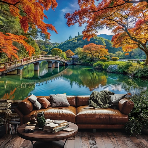 Tapisserie Decke Wandbehänge Landschaft Natur Brücke See 3D Schlafzimmer Wohnzimmer Wohnheim Jugendzimmer Studentenwohnheim Jungs, Männerhöhle, Studentenwohnheim Wohndeko Image