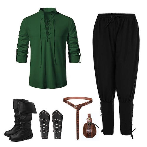 Mittelalterlich Renaissance 17. Jahrhundert Mittlere Länge Bluse / Hemd Cosplay Kostüm Stiefel Pirat Ritter Wikinger Keltischer Ritter Kordelzug Einfarbig Kostüm Herren Vikinger Fantasie Halloween Image