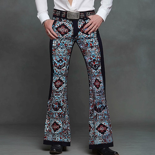 Herren Geometrisches Muster Ethnisch Disco-Hosen 60er 70er Schlaghosen Mittlere Taille Western Vintage-Retro Outdoor Urlaub Lässig Seitentaschen Schlaghose Frühling Herbst 3D-Druck Schwarz Image