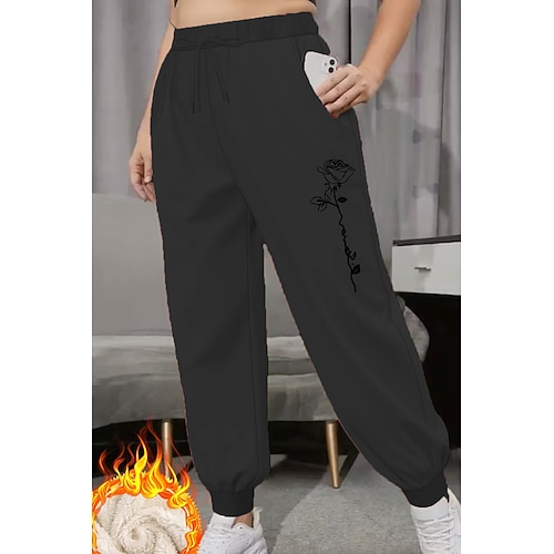 Damen Jogginghose Urlaub Vintage Ethno-Stil Volle Länge Hohe Taille Blumen Grafik Kordelzug Tasche Fleece Thermowarm Winddicht Bequem Hohe Elastizität Urlaub Formell Straße Dunkelgrau Schwarz Rosa Image