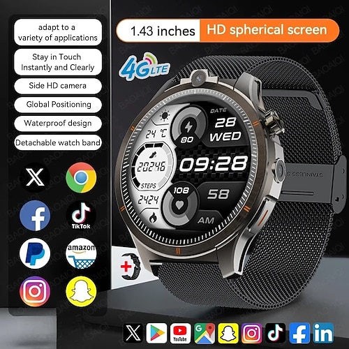 Smart Watch 1,43 Zoll Smartwatch Fitness Laufuhr Bluetooth 4G Temperaturüberwachung Schrittzähler Anruf-Erinnerung für Android iOS Männer GPS Lange Standby Freisprechanrufe IP68 22mm Image