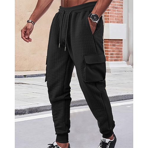 Herren Cargo-Jogginghose Jogginghose Hose Jacquard Kordelzug Tasche Einfach Komfort Sport im Freien Täglich Mode Lässig Schwarz Weiß Mikroelastisch Image