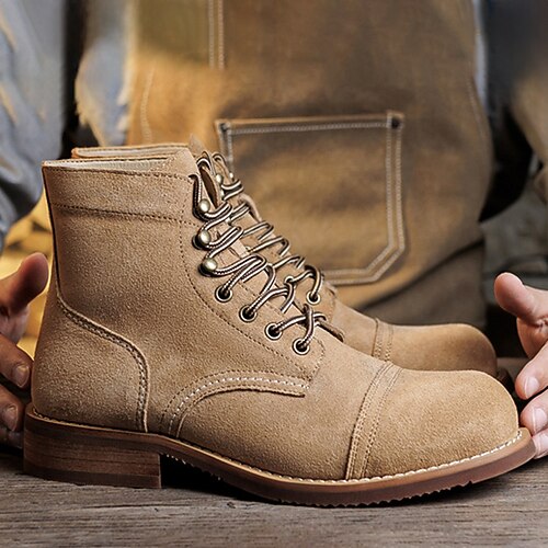 Beige Wildleder-Schnürstiefel für Herren mit robuster Vintage-Sohle – bequeme Outdoor-Stiefeletten für Freizeit und Beruf Image