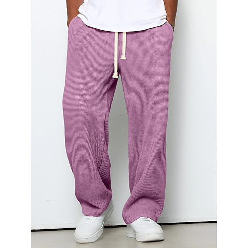 Herren Gerade geschnittene Sweatpants Waffelhose Kordelzug Rautenmuster Atmungsaktiv Volle Länge Lässig Täglich Glatt Dunkelbraun Schwarz Mikroelastisch Image