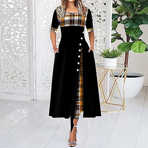 Damen Midikleid schwarzes kleid Cocktailkleid Abendkleid Elegant Modern Täglich Urlaub Ausgehen Normale Passform Grafik Halbarm Rundhalsausschnitt Schwarz Gelb Rote Purpur Frühling Herbst Image