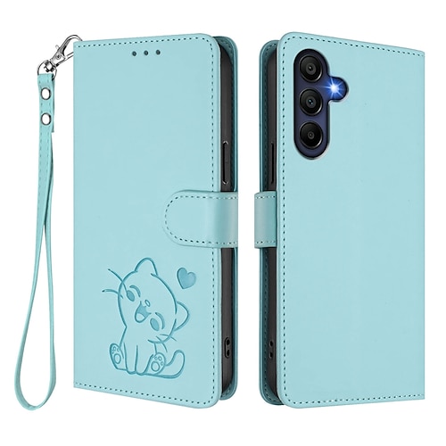 Handy Hülle Handyhüllen Für Samsung Galaxy S25 S24 S23 S24 FE S22 Plus Ultra S23 FE A56 A36 A26 A16 Brieftaschenhülle Vollschutz mit Trageriemen Stoßfest Katze Retro TPU PU-Leder Image