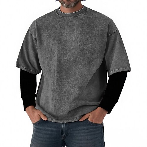 Herren T Shirt T-Shirt Langarmshirt Langarm Rundhalsausschnitt Frühling Herbst Farbblock Mode Designer Basic 2 in 1 Urlaub Straße Ausgehen Schwarz Khaki Grau Top T-Shirt für Herren Image