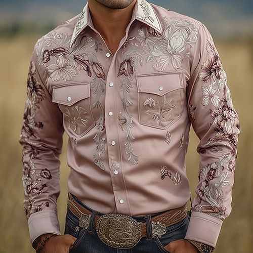 Herren Blumendruck Ethnisch Blumen Hemd Westernhemd Cowboy-Shirt Langarm Vintage-Retro Outdoor Lässig Arbeitskleidung Frühling Herbst Umlegekragen Zwei Fronttaschen Leinenähnliches Hemd Hemden mit Image