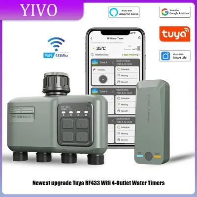 Tuya Wifi+RF433 smart Garden Sprinkler Water Timer 4-Outlet Rain Delay Filter Programmable Automatic Irrigation Controller