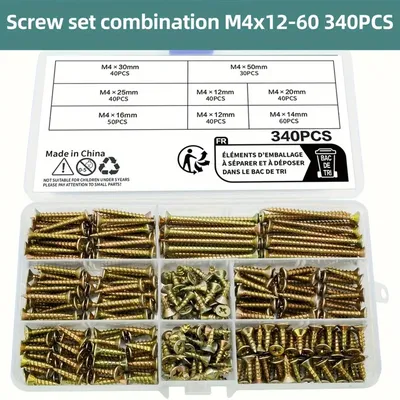 340pcs M4 flat head wood screw sorting set, cross drive countersunk head tapping wood screw, yellow galvanized finishing screw s