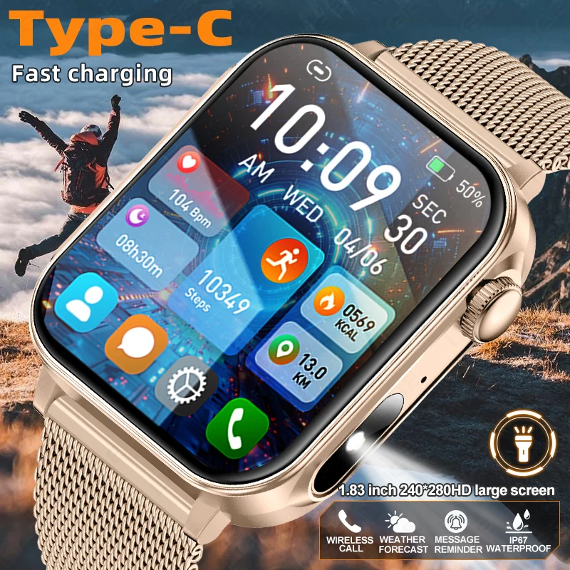 LIGE Typ-C Schnelle Lade Smart Uhr Männer Frauen Gesundheit Management Bluetooth Anruf LED Taschenlampe Wasserdichte Sport Smartwatch Neue Image