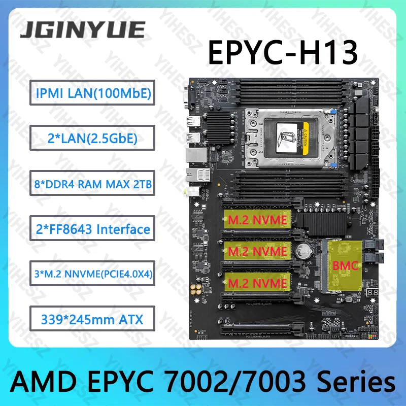 JGINYUE EPYC H13 AMD-Motherboard mit BMC-Modul, unterstützt AMD EPYC 7002/7003-Serie, CPU, 8 x DDR4, 2 TB Speicher, IPMI DUAL 2,5 G Netzwerk Image