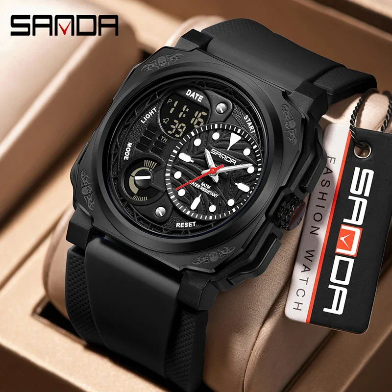 SANDA Outdoor Sports Military Herren Elektronische Uhr Stoppuhr Wecker Dual Display Multifunktions Herren Quarz Armbanduhr Image
