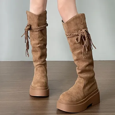 Winter Plattform Quaste Frauen Western Cowboy Stiefel Elegante Slip Auf Schuhe Dicke Sohle Ritter Lange Botas Zapatos De Mujer