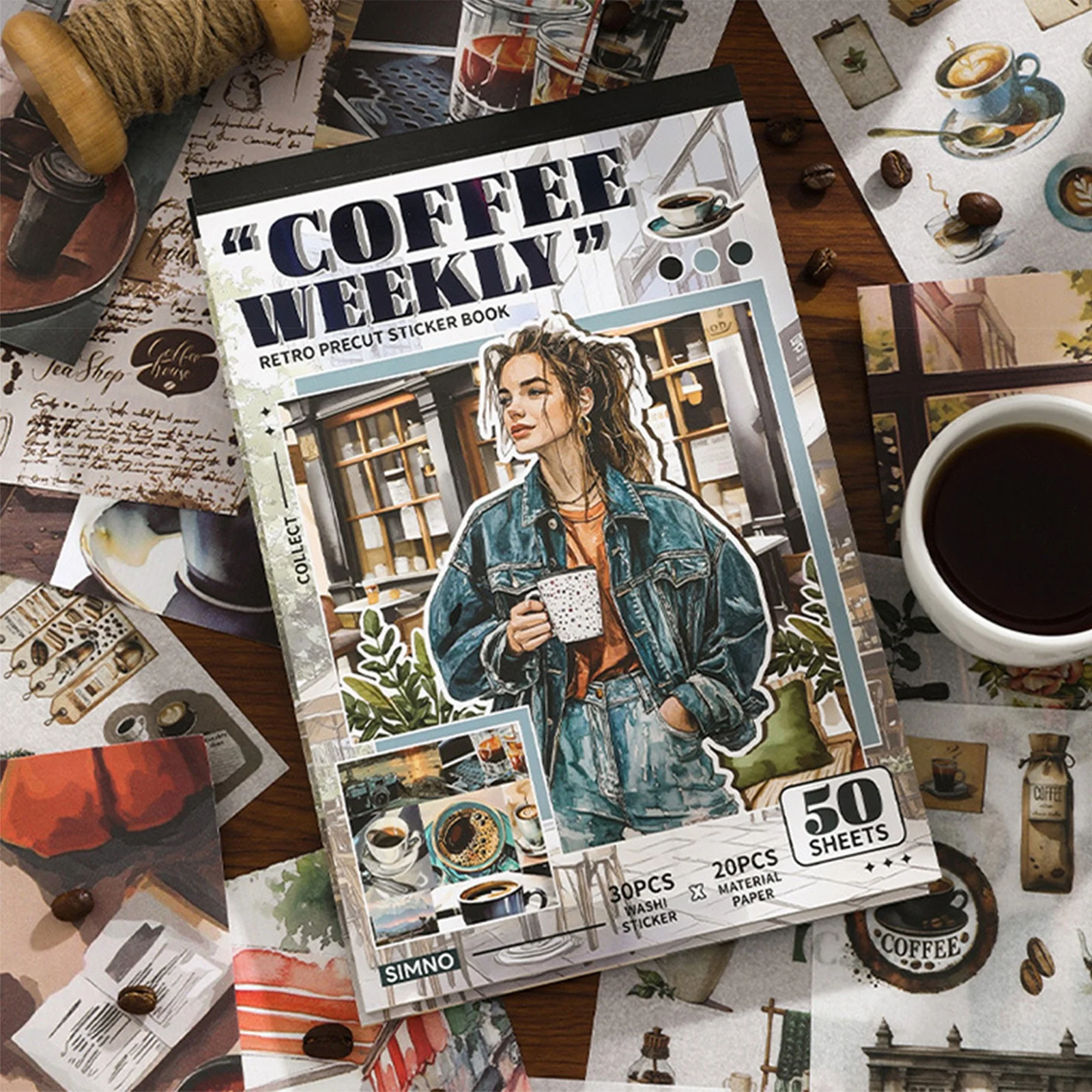 50 Stück Vintage-Aufkleber im amerikanischen Stil für Tagebuch, DIY-Scrapbooking mit Retro-Charakten, antike Objekte, Kaffee-Wander-Thema Image