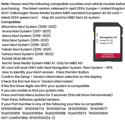 NEU 2024 MIB2 UK/Europa GPS SD-Karte Alhambra Ateca Arona Toledo Tarraco Ibiza Leon AS V19 Autonavigation SD-Karte 32 GB