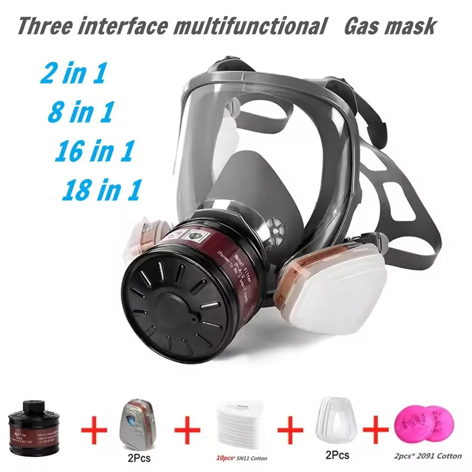 Mehrzweckmaske mit drei Anschlüssen, industrielles Sprühen, austauschbarer Filter, Sprühfarbe, Insektizid mit 40-mm-Aktivkohlefilter Image