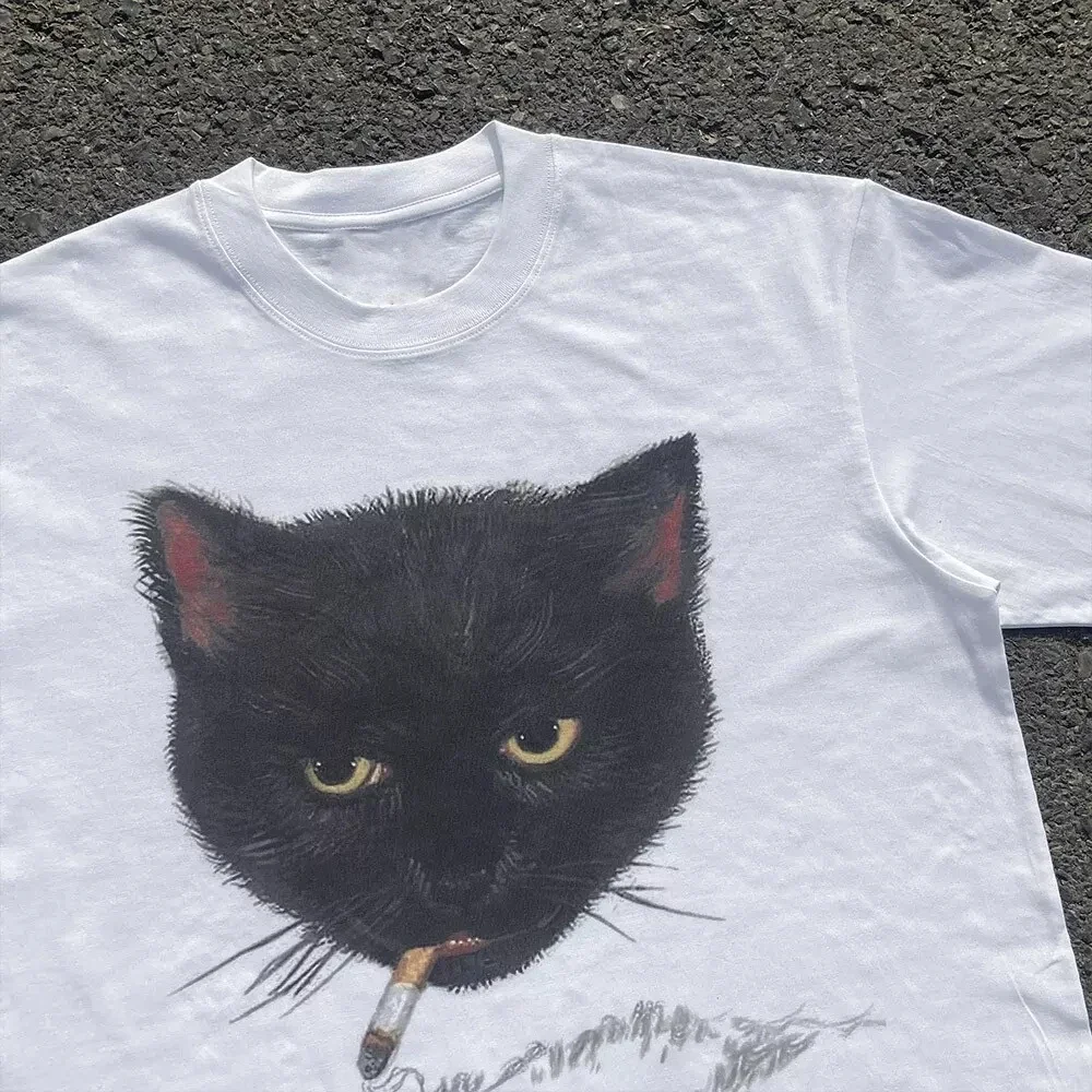 Y2k-weißes T-Shirt mit faltiger Katze, Grafikdruck, 90er-Jahre-Punk-T-Shirt im Retro-Hip-Hop-Stil, Emo-Ästhetische Kleidung, Top, Harajuku, Y2K