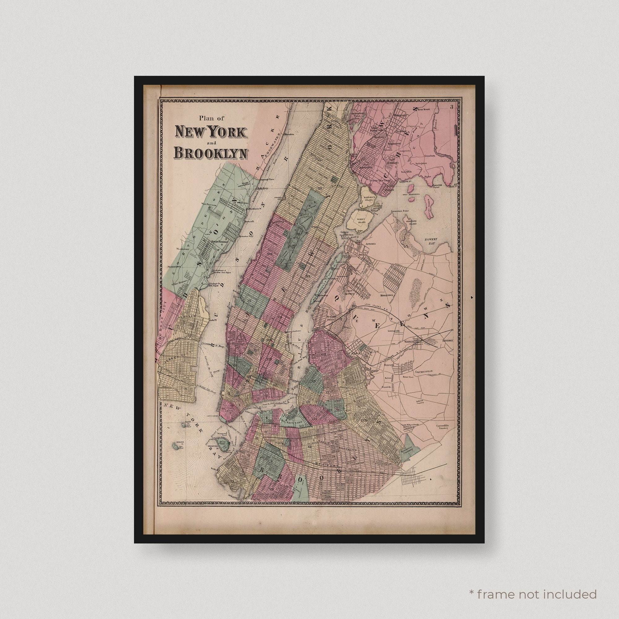 Pianta di New York e Brooklyn del 1867, mappa antica di New York e Brooklyn, vecchia mappa storica, mappa della città di New York e Brooklyn / MP254