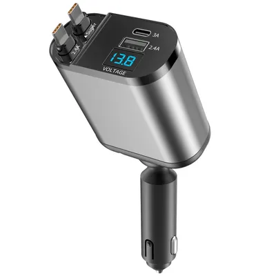 120W Retractable Car Charger 4 in 1 Fast Charging USB Type C Ports Car Charger Adapter For IPhone Phone Adapter Compatible