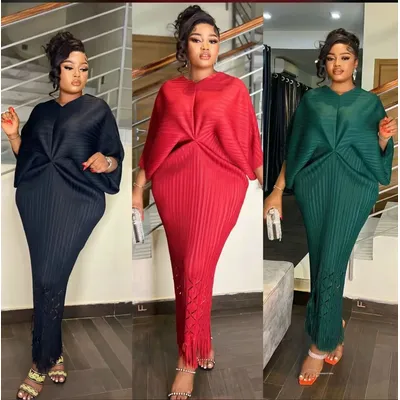 Miyake Miyaki Pleated Women's Plus Size Dress Bat Sleeve Bodycon Mid-Length Sleeve All-Season Tassel European and American Hot Sale Travel Party Dinner Party Daily