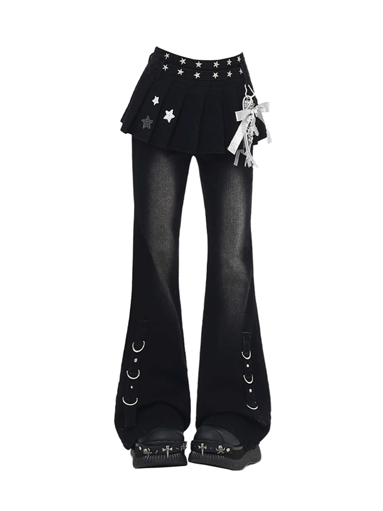 Damen Schwarze Gothic Y2k Baggy Emo Jeans mit Rock Harajuku Vintage Denim Hose Japanischer 2000er Jahre Stil Jeans Hose Herbst 2025 Image
