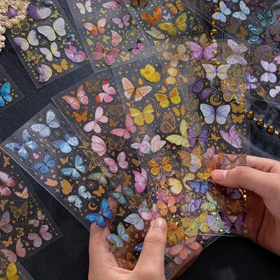 3pcs/pack Color Butterfly Stickers PET Materials Decor Junk Journal DIY Cut Collage Photo Album Scrapbook Sticker Stationery