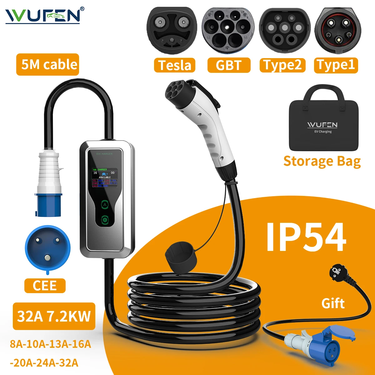 WUFEN 32A 7,2 kW 1 Phase Typ2 Typ1 EV-Ladegerät Tragbares GB/T-Ladegerät für Elektrofahrzeuge Tesla Strom einstellbare EVSE-Ladebox Image