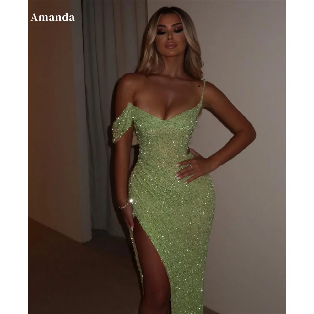 Amanda Customized Shiny Green Sheath Sexy Prom Dresses Off The Shouldesr Side High Split vestidos de noche Floor-Length Formal