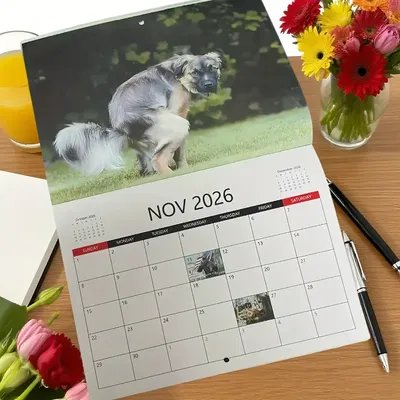 2026 Funny Puppy Calendar with Crapping Dogs Design - Humorous Wall Planner for Office Pranks & Home Decor，Perfect Gift for Dog