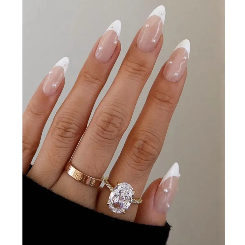 24 Stück French Point Diamond Fake Nails Wearing Artificial Square Head Press On Acryl Nail Art Pearl Patch Mandel Falsche Nägel Image
