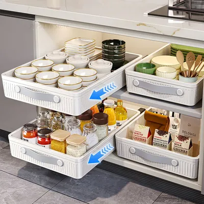 2PCS Kitchen Sliding Shelf Storage Tray Pull Out Cabinet Organizer With Handle Sliding Drawer For Bowls Spice Jars Storage Rack