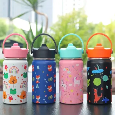 12oz Kids Water Bottle Cartoon Animal Children's Cup With Straw Stainless Steel Vacuum Flacks Thermos Bottle Thermal Mug Cups