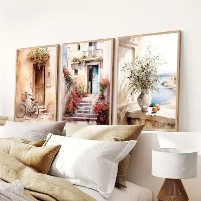 3pcs Mediterranean Scenery Watercolor Wall Art Set - Frameless Canvas Prints for Living Room, Bedroom, Hallway Decor | Modern