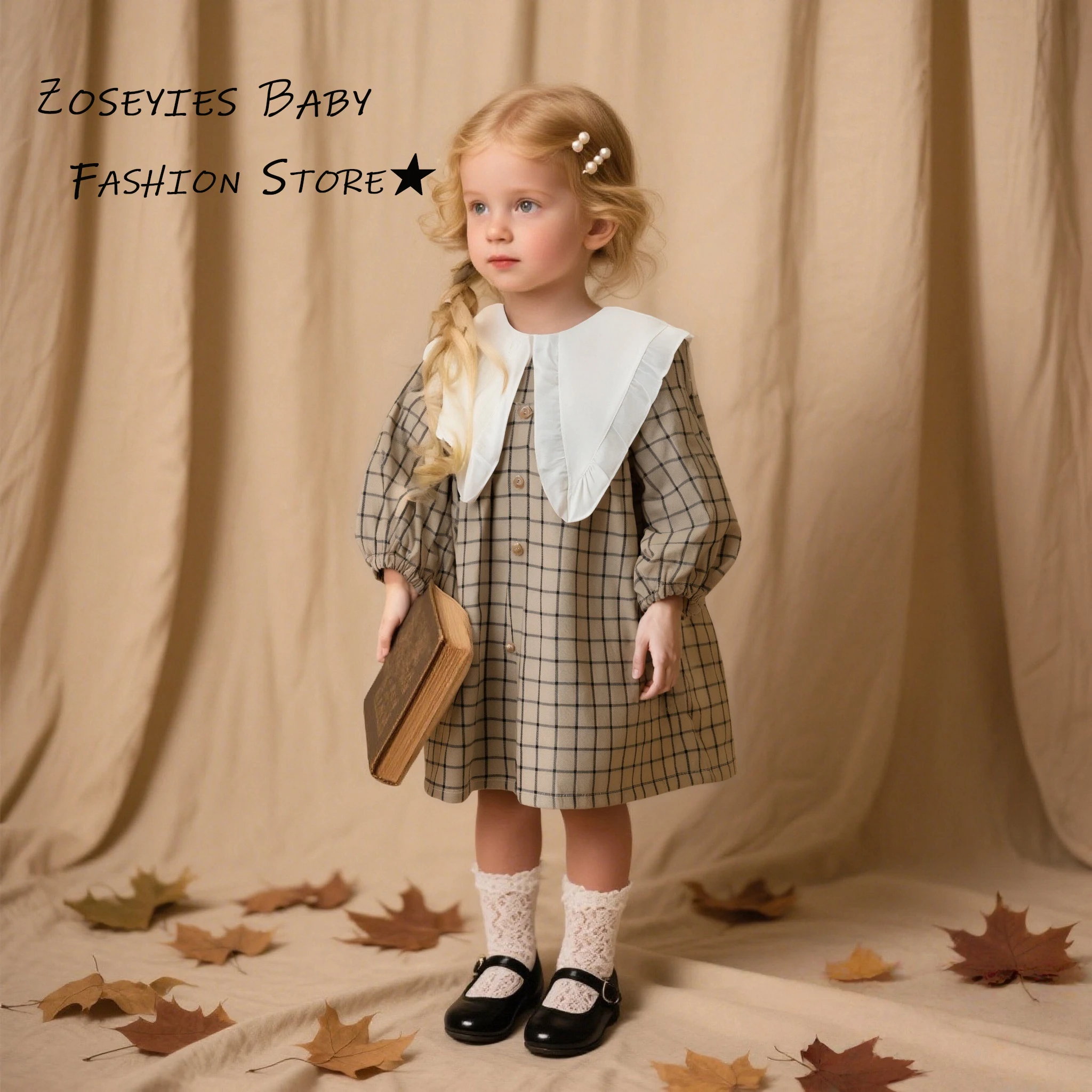 Mädchenkleid Frühling und Herbst karierte Baumwolle Langarm Baby Mädchen Kleid süße Kragen Prinzessin Baby Kleid Baby Mädchen Kleidung Image