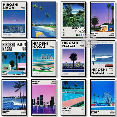 Vintage Japanese 80s Hiroshi Nagai Illustrations Vaporwave Beach Art Posters Canvas Painting Wall Prints Picture Room Home Decor